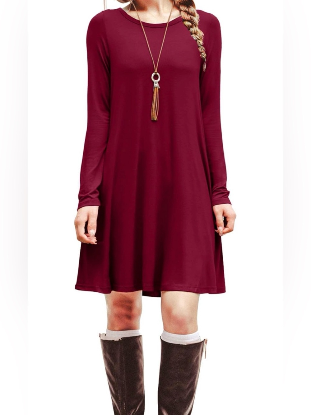 HiMONE Size L Long Sleeve Burgundy Swing Dress